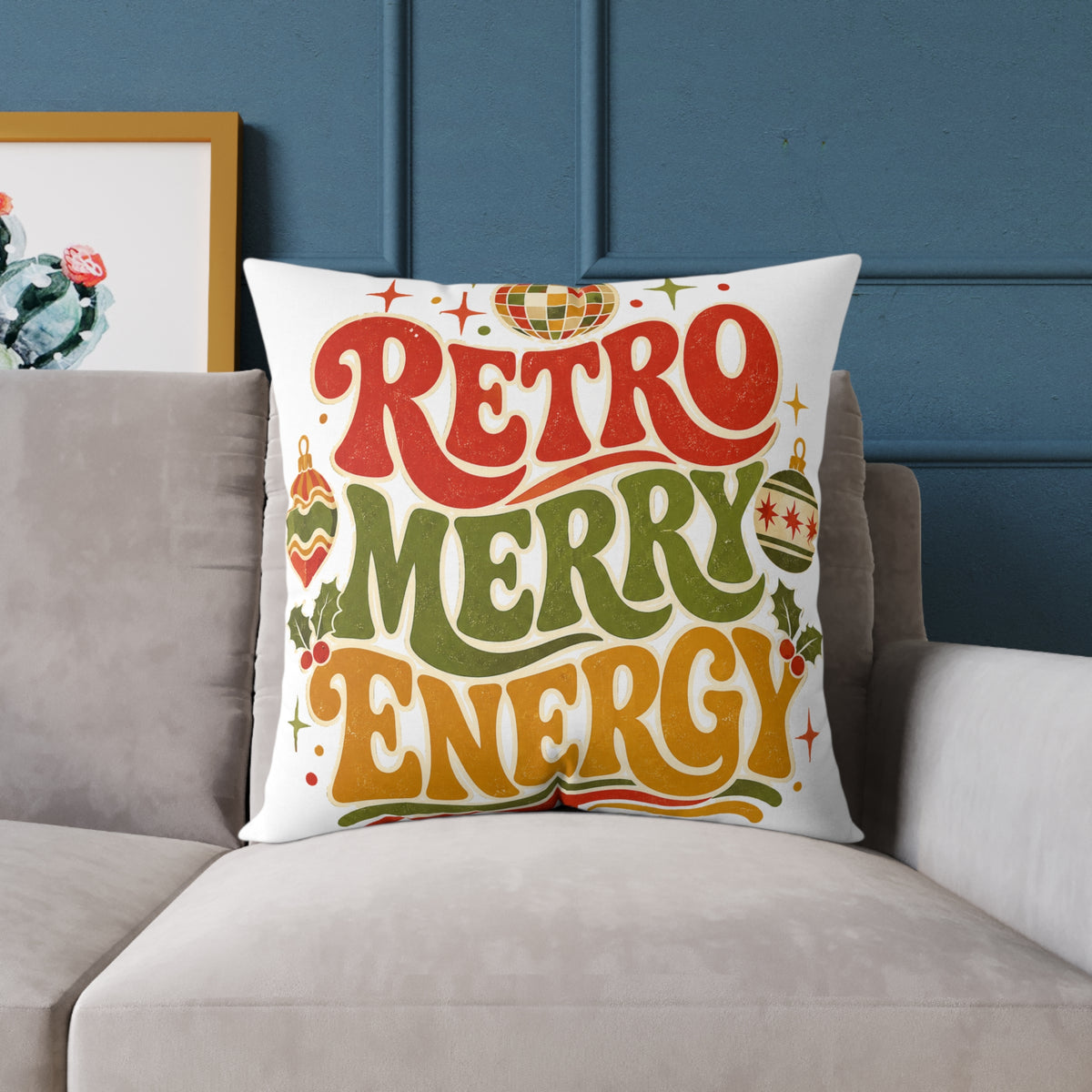 Retro Merry Energy Modern Day Christmas Pillow — Vintage Holiday Throw Pillow with Festive Typography