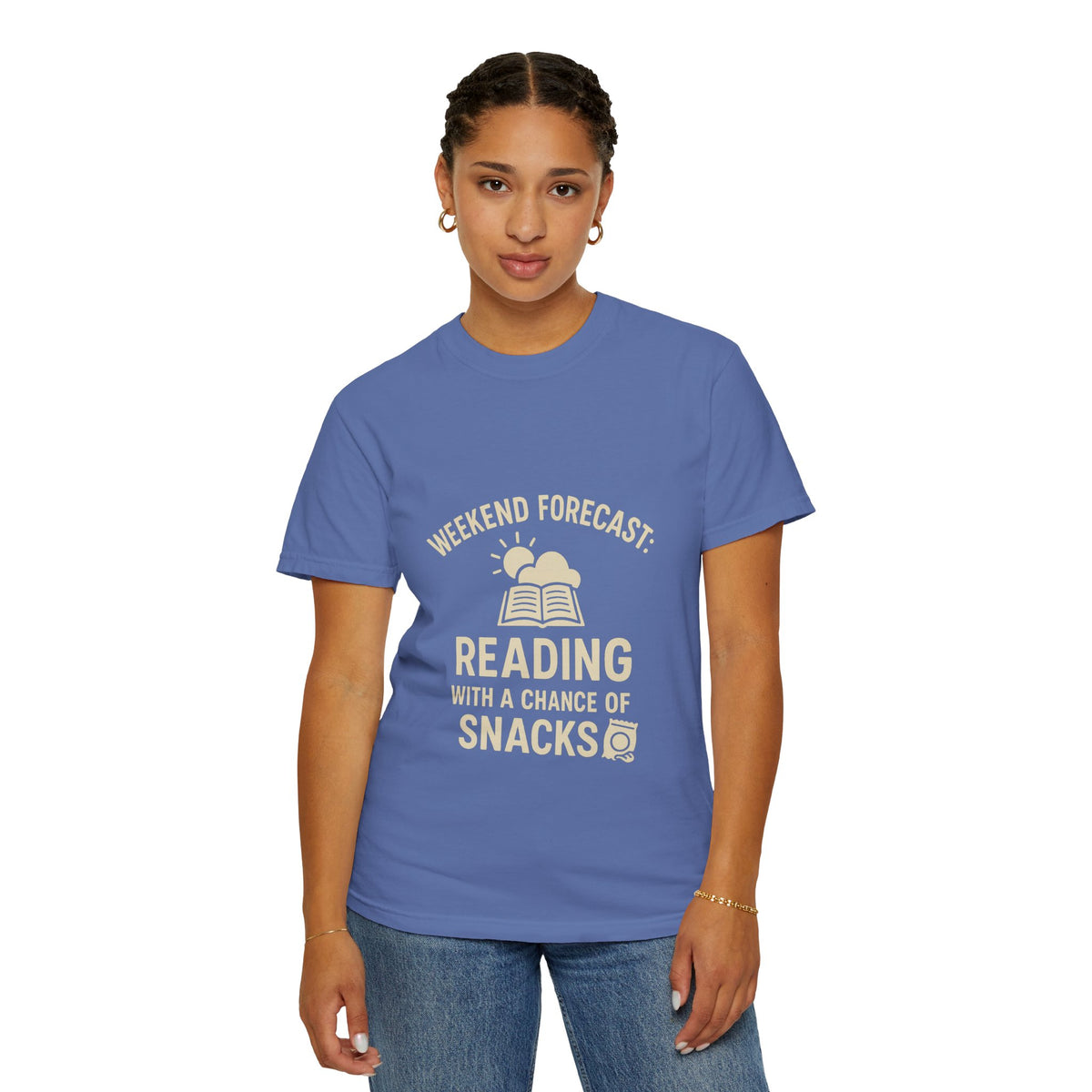 Reading & Snacks T-Shirt — "Weekend Forecast: Reading with a Chance of Snacks" - Trending Now - October 2026