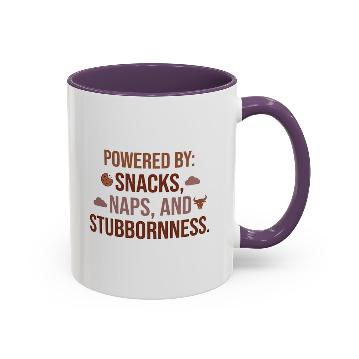 Taurus Coffee Mug - "Powered by Snacks, Naps, and Stubbornness" Accent Ceramic Mug