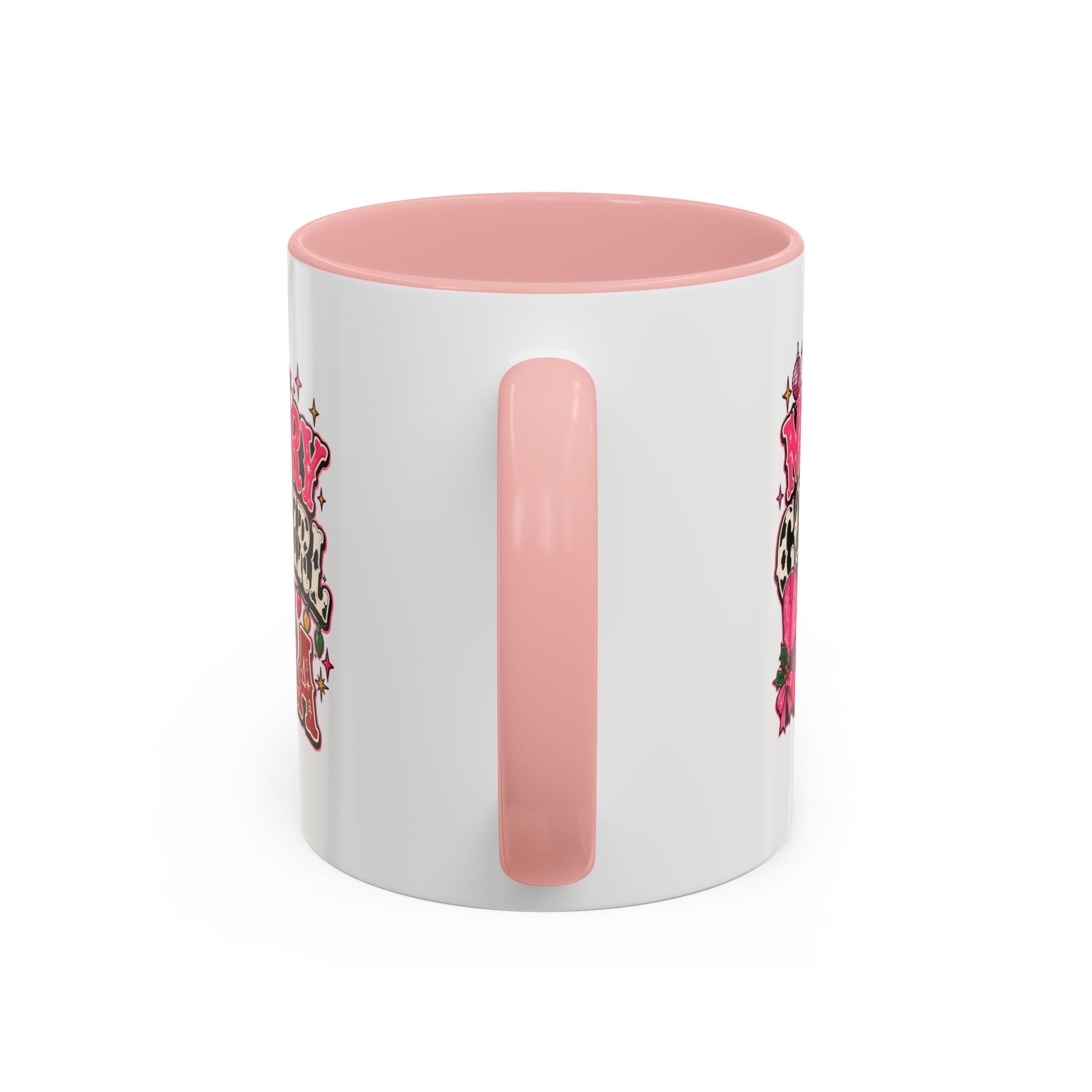 Modern Day Christmas Merry Cowgirl Era Accent Coffee Mug — Festive Pink Western Cowboy Boots & Hat Mug