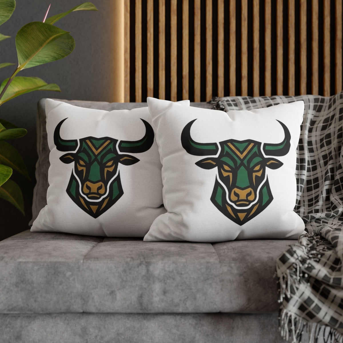 Taurus Geometric Bull Throw Pillowcase — Green Tribal Bull Accent Pillow