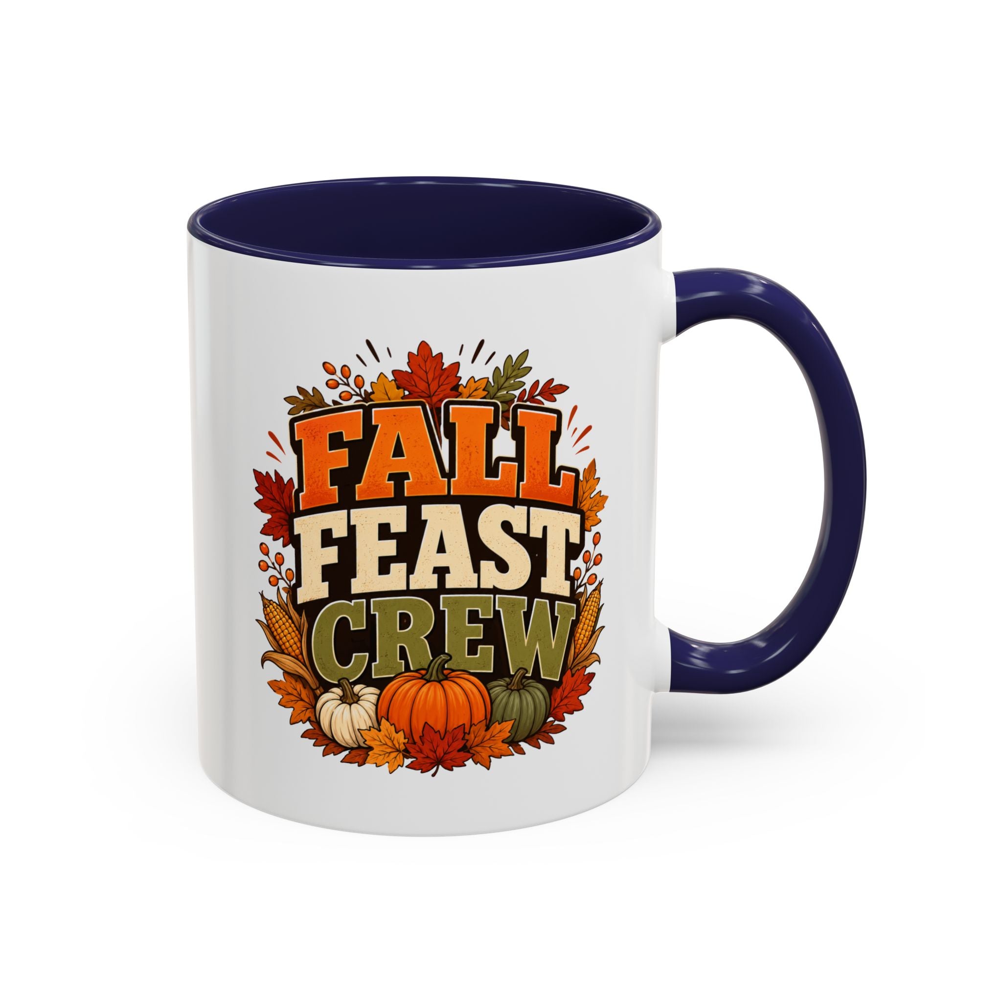 Thanksgiving Mug Fall Feast Crew Coffee Mug — Thanksgiving Pumpkin Autumn Leaves Accent Mug
