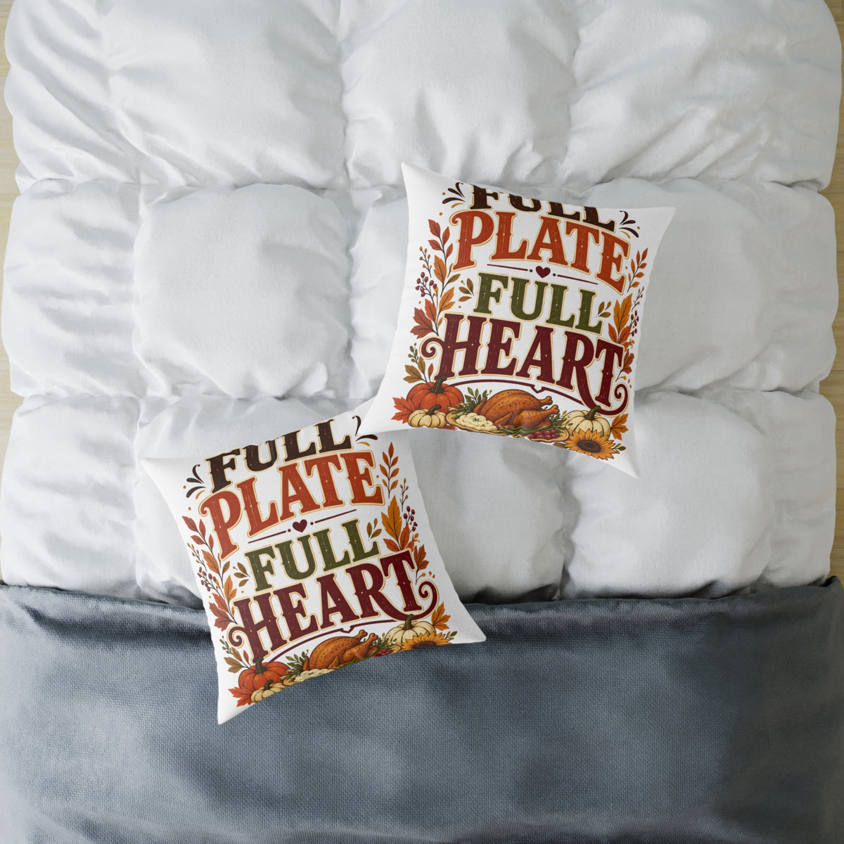 Thanksgiving Square Pillow - "Full Plate Full Heart" Thanksgiving Fall Decorative Cushion
