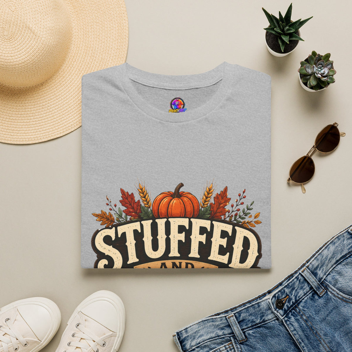 Thanksgiving T-Shirt Stuffed and Thankful T-Shirt — Thanksgiving Pumpkin Fall Graphic Tee