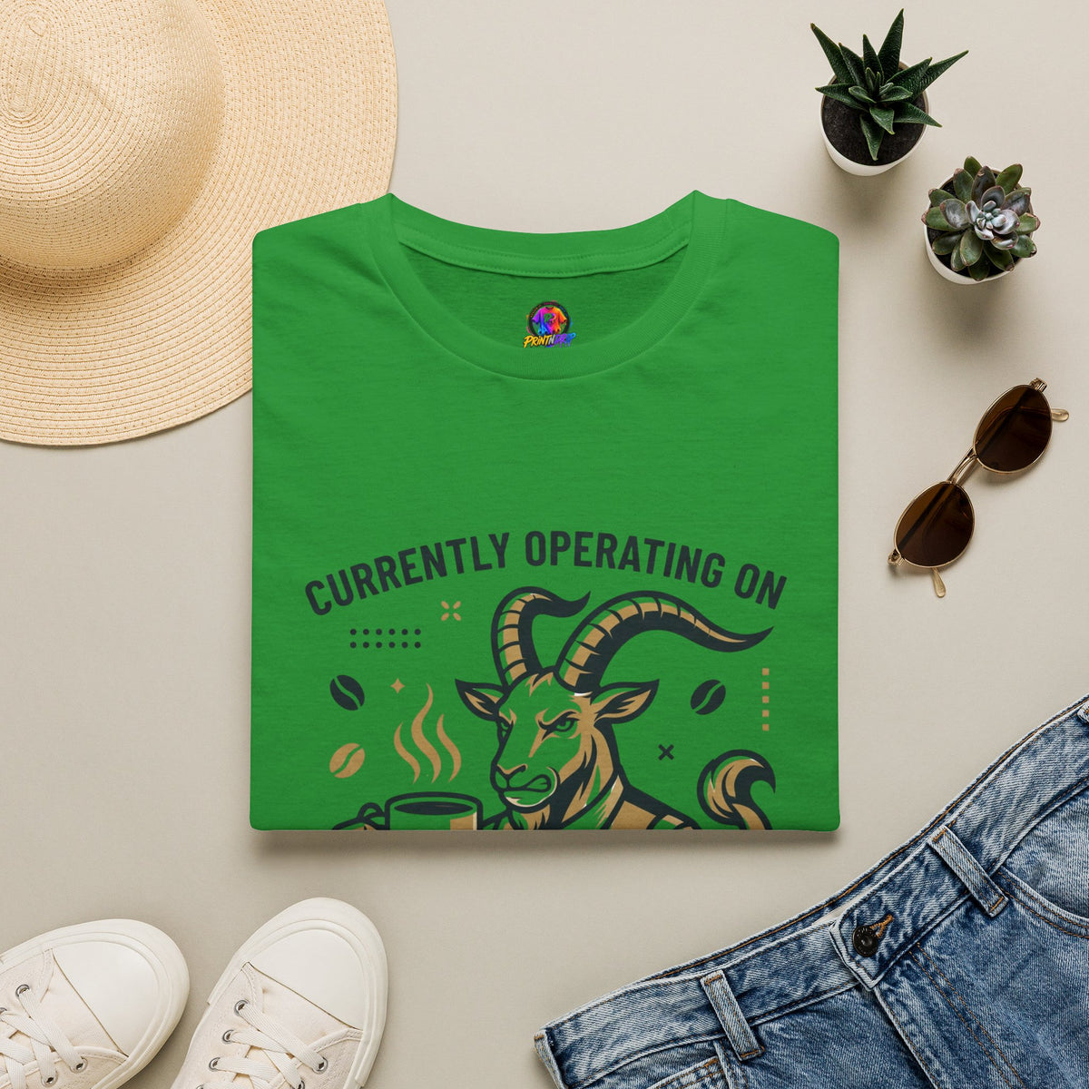 Capricorn T-Shirt — "Currently Operating on Caffeine and Spite" Zodiac Goat Tee
