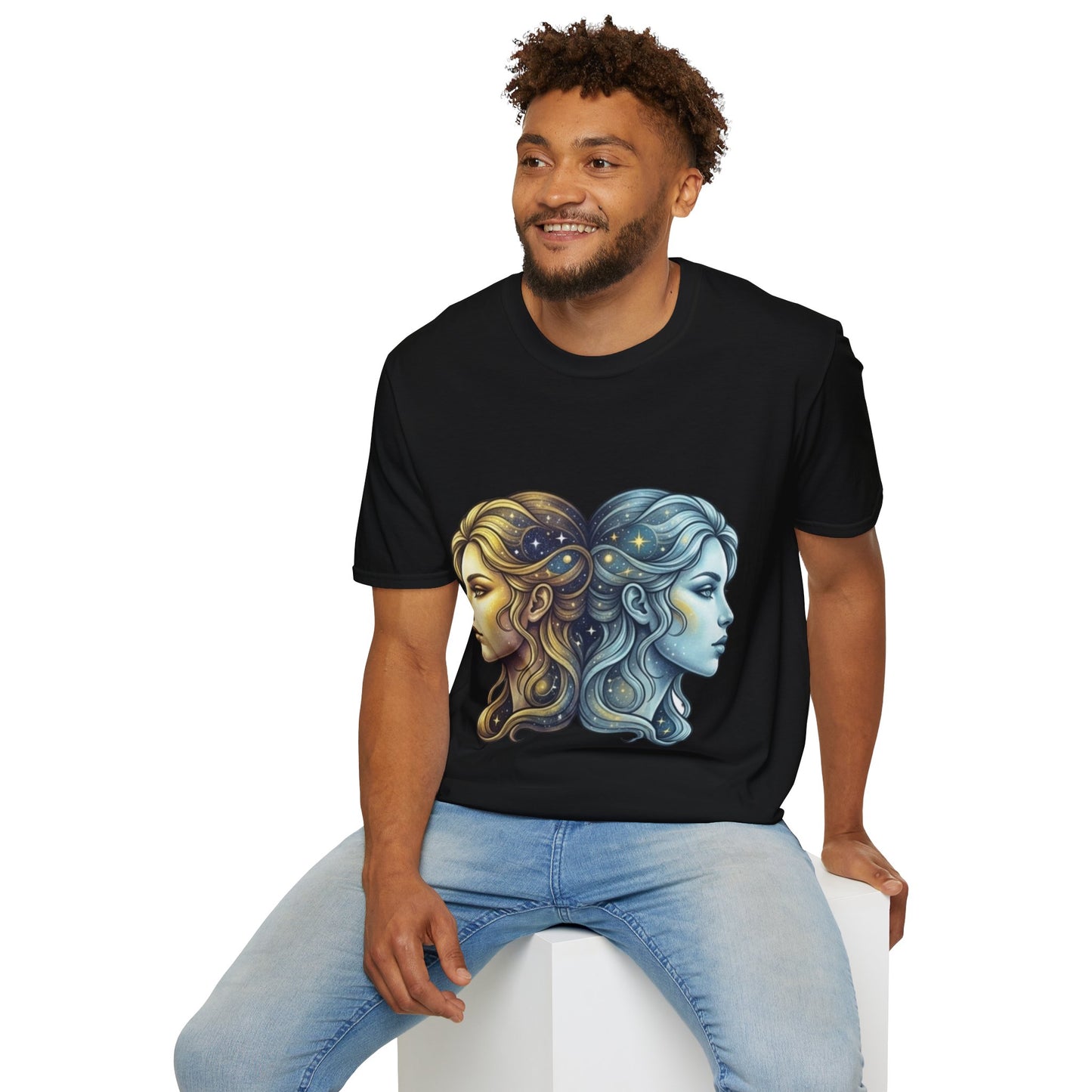 Zodiac Gemini Sun & Moon T-Shirt — Dual Faces Cosmic Design