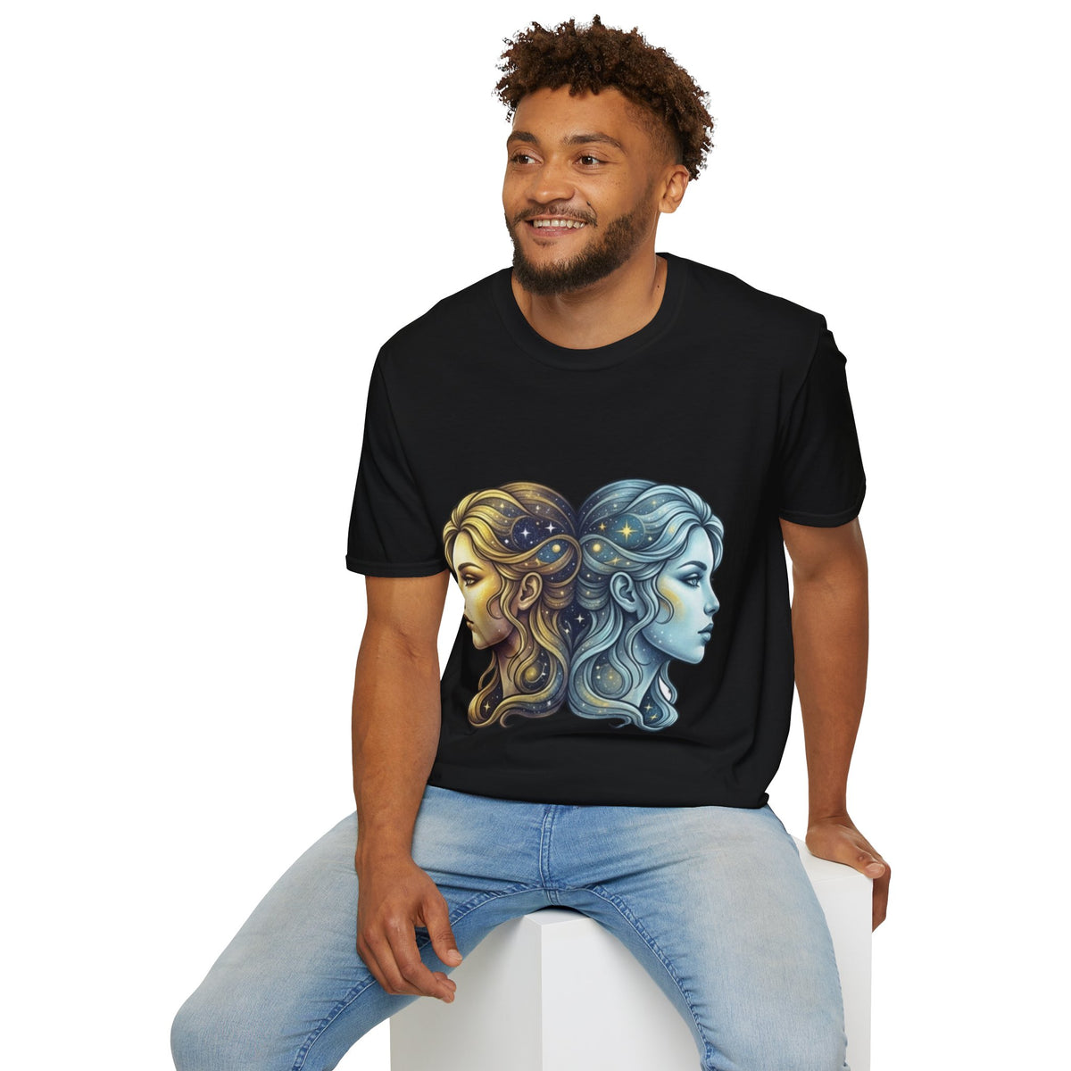 Zodiac Gemini Sun & Moon T-Shirt — Dual Faces Cosmic Design