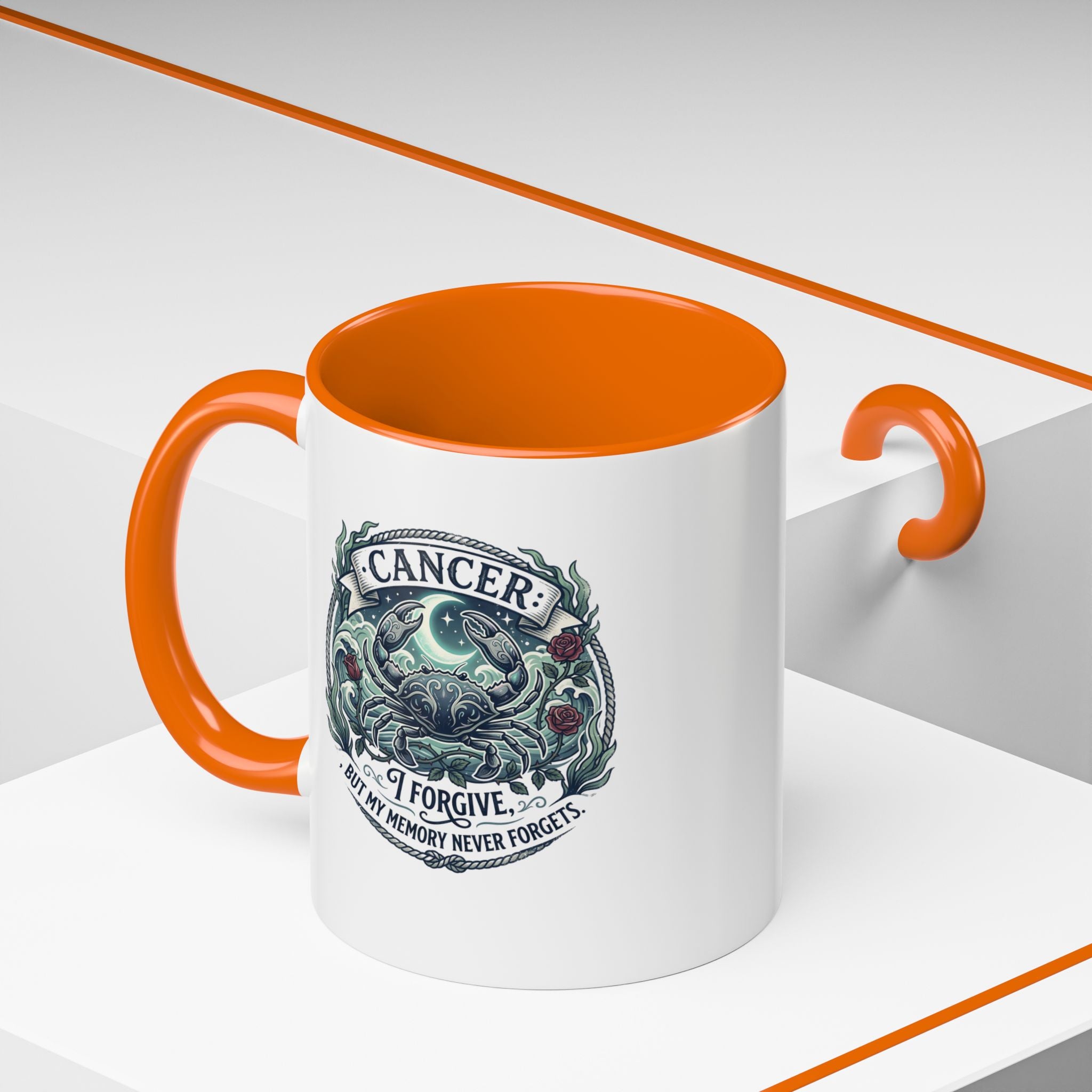 Cancer Zodiac Accent Coffee Mug — 'I Forgive But My Memory Never Forgets' Horoscope Gift