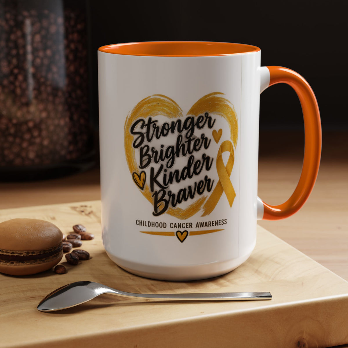 Childhood Cancer Awareness Accent Coffee Mug — "Stronger Brighter Kinder Braver"