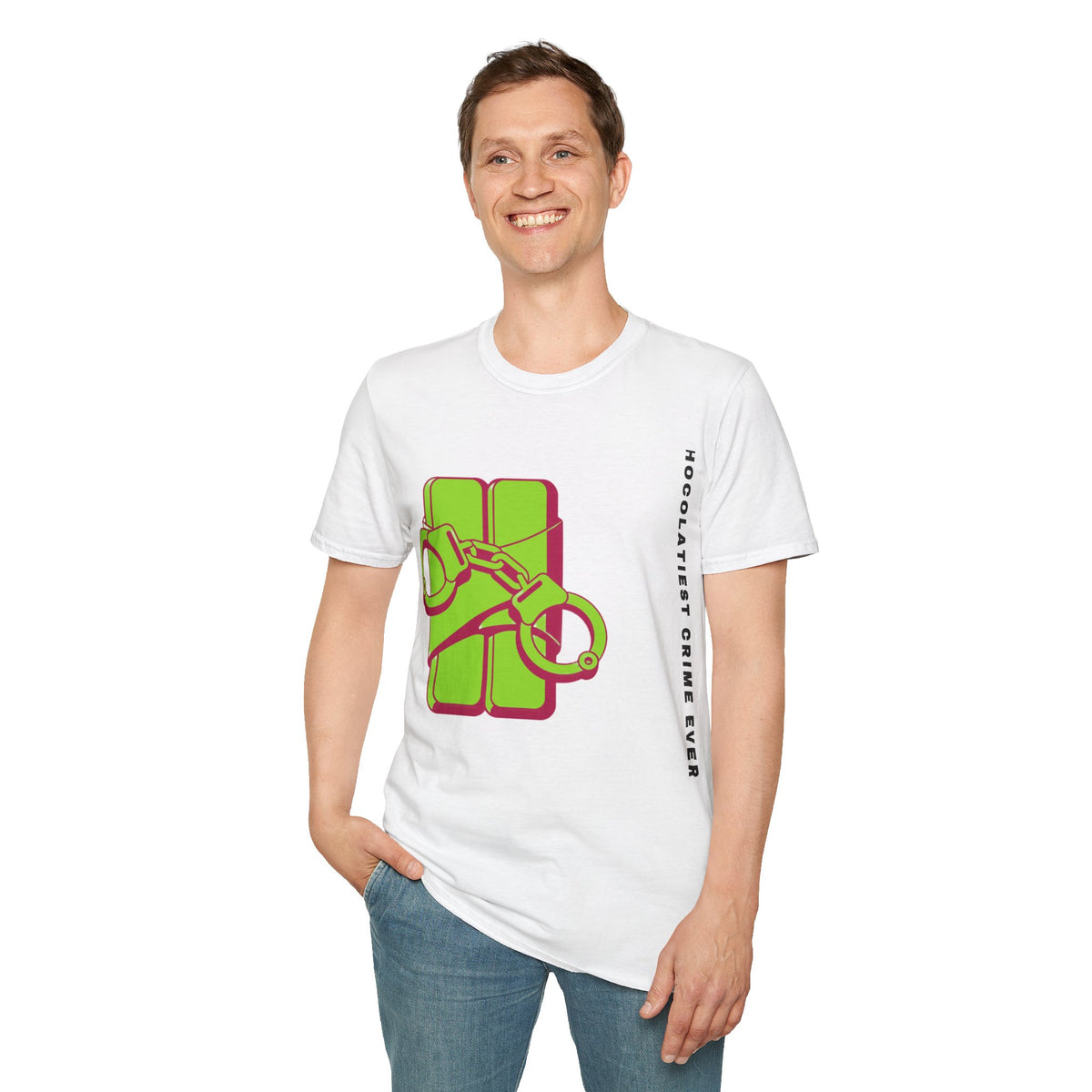 Chocolateie Graphic T‑Shirt — Green Candy Bar with Handcuffs Design - Trending Now - September 2026