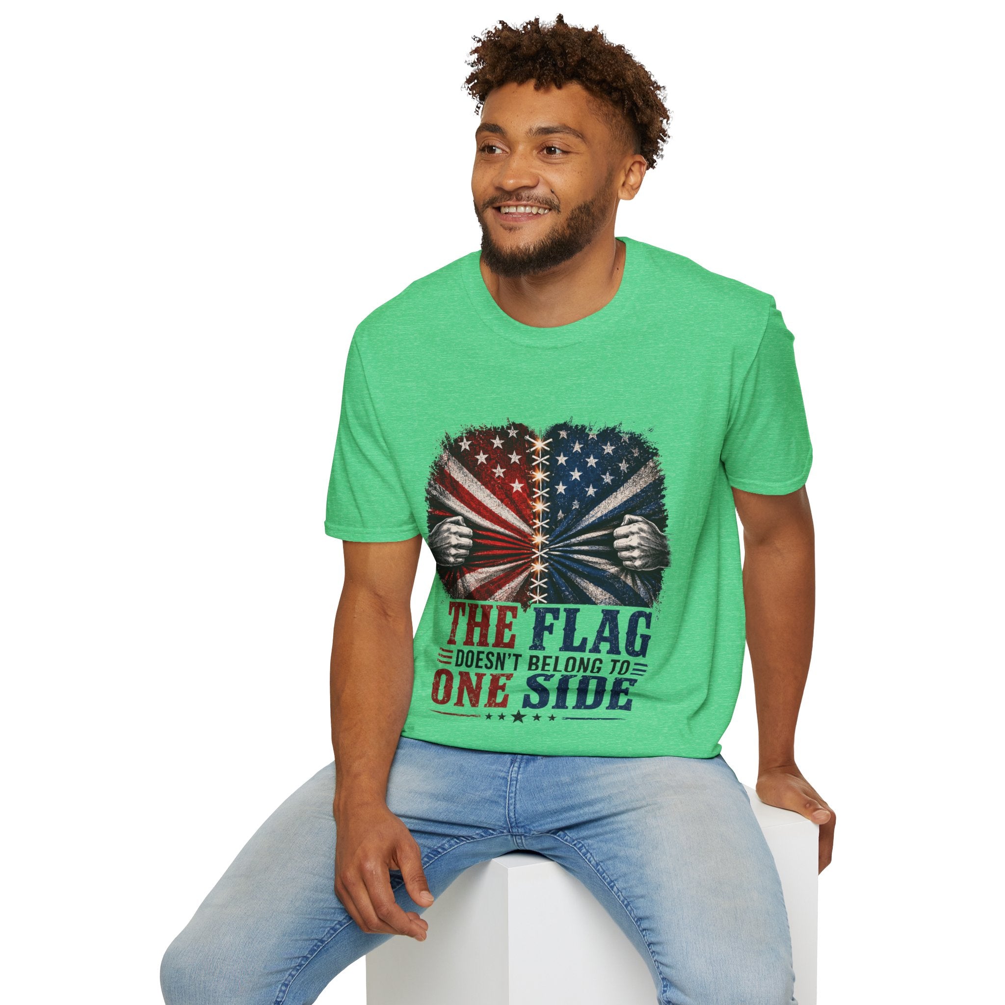 T-Shirt — "The Flag Doesn't Belong to One Side" Distressed American Flag Graphic
