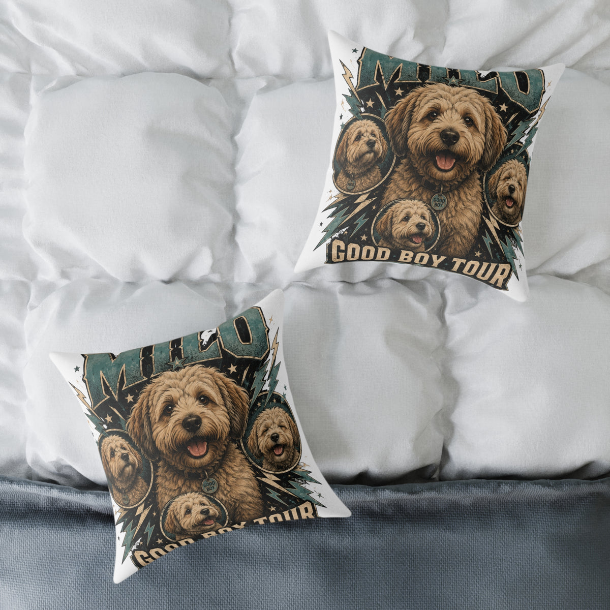 Milo Golden Doodle Band Tour Square Pillow  Milo Bailey Dog Dad Mom— Retro Dog Portrait Decorative Throw