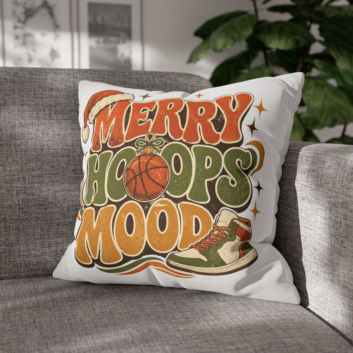 Merry Hoops Mood Holiday Pillowcase Modern Day Christmas  — Basketball Christmas Decorative Throw Pillowcase