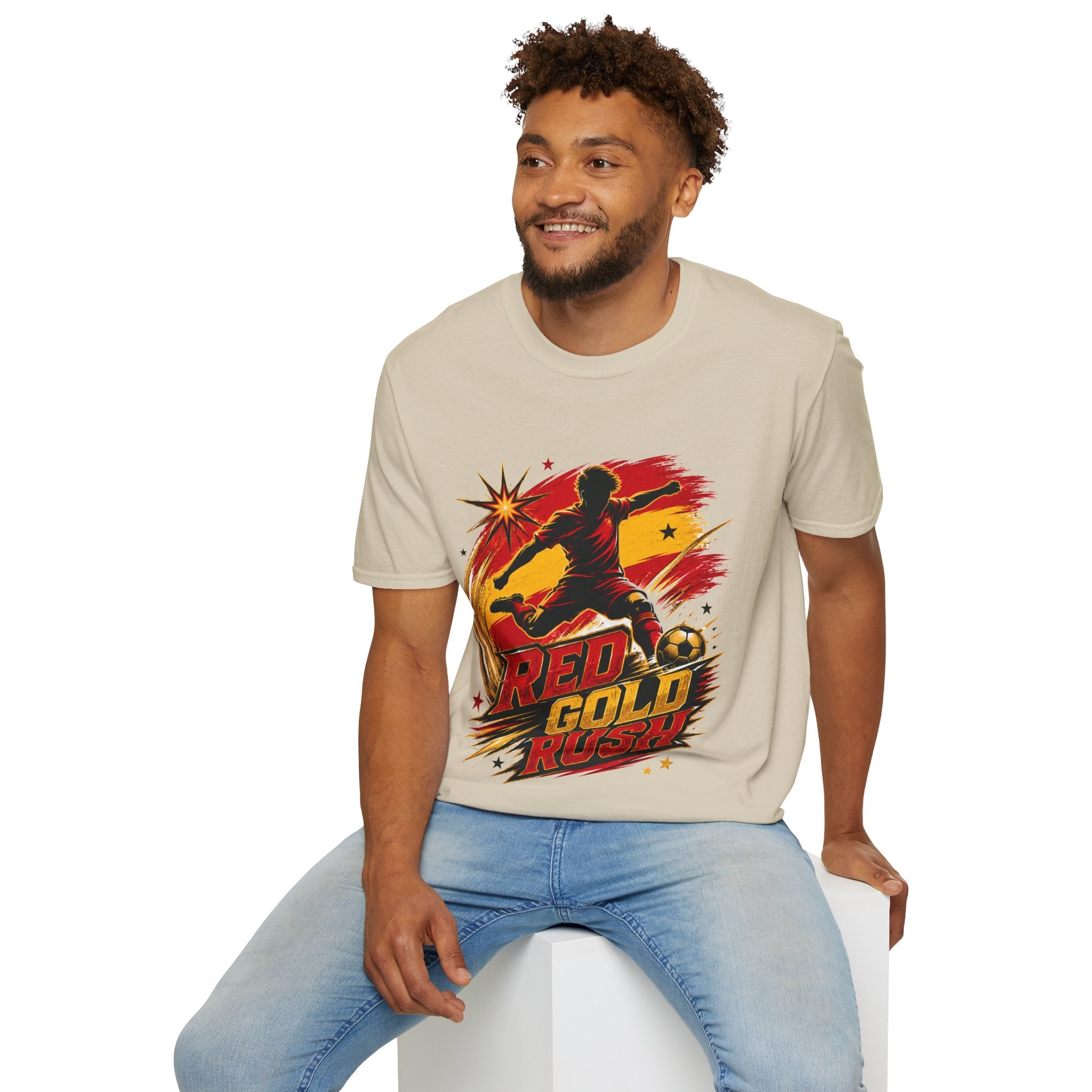 Spain Red & Gold Rush Soccer T-Shirt — Retro Soccer Player Graphic