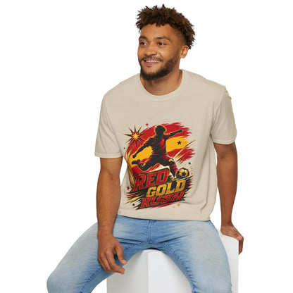Spain Red & Gold Rush Soccer T-Shirt — Retro Soccer Player Graphic