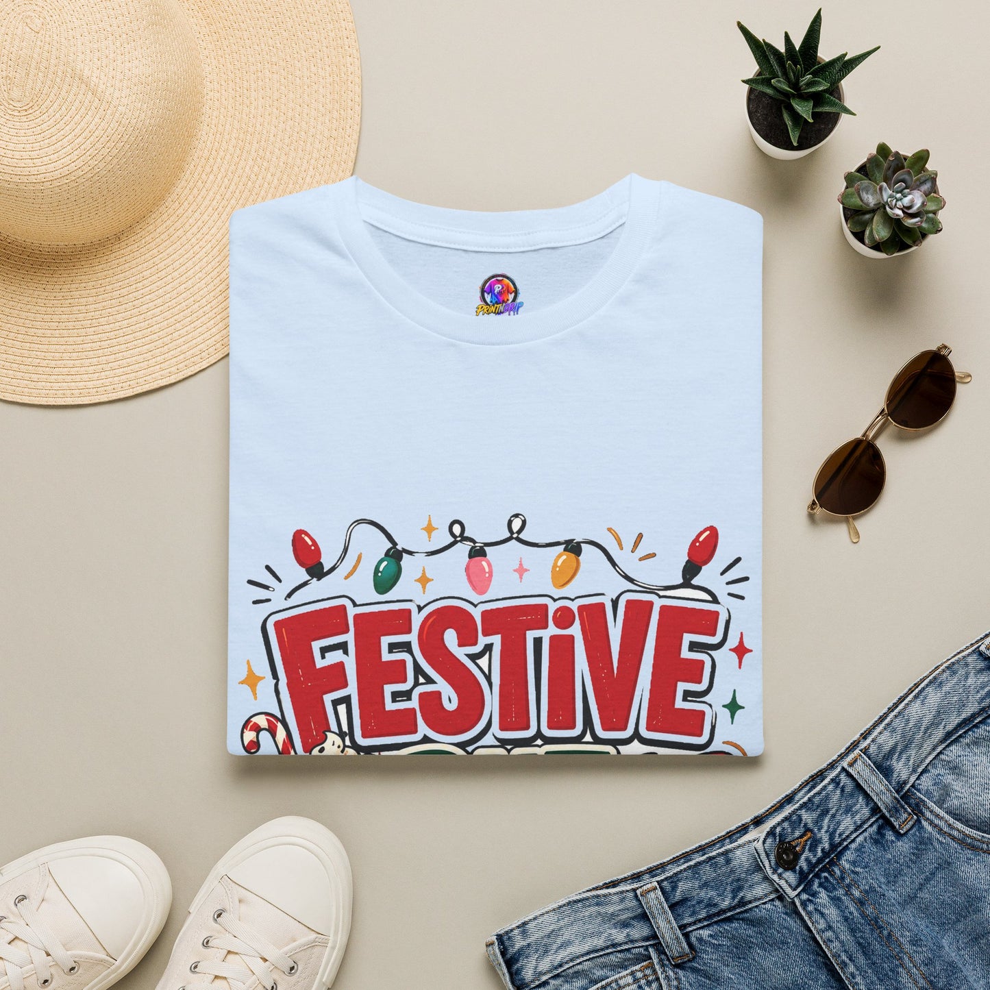 Festive But Tired T-Shirt — Holiday Christmas Crew Tee with Lights & Gingerbread