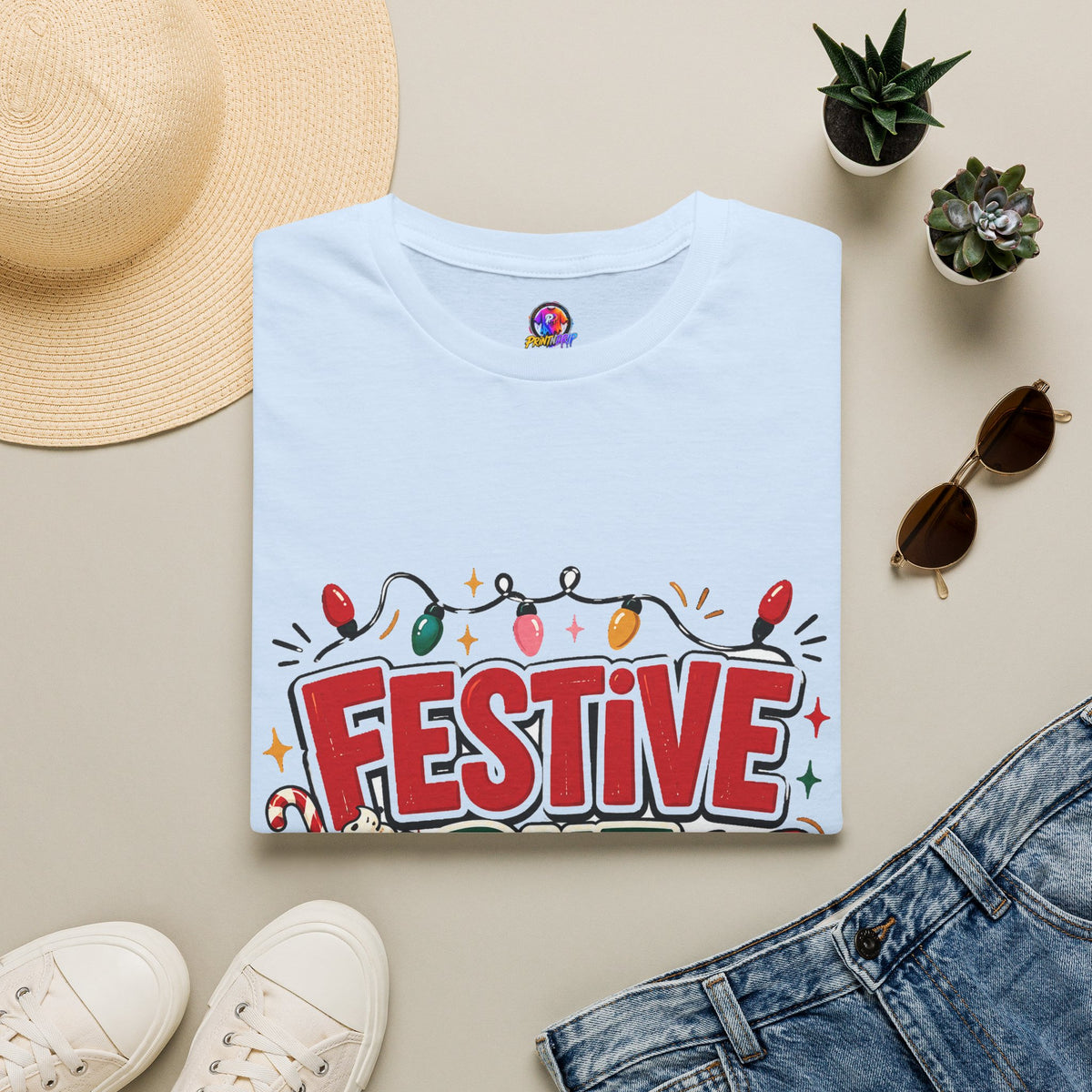 Festive But Tired T-Shirt — Holiday Christmas Crew Tee with Lights & Gingerbread