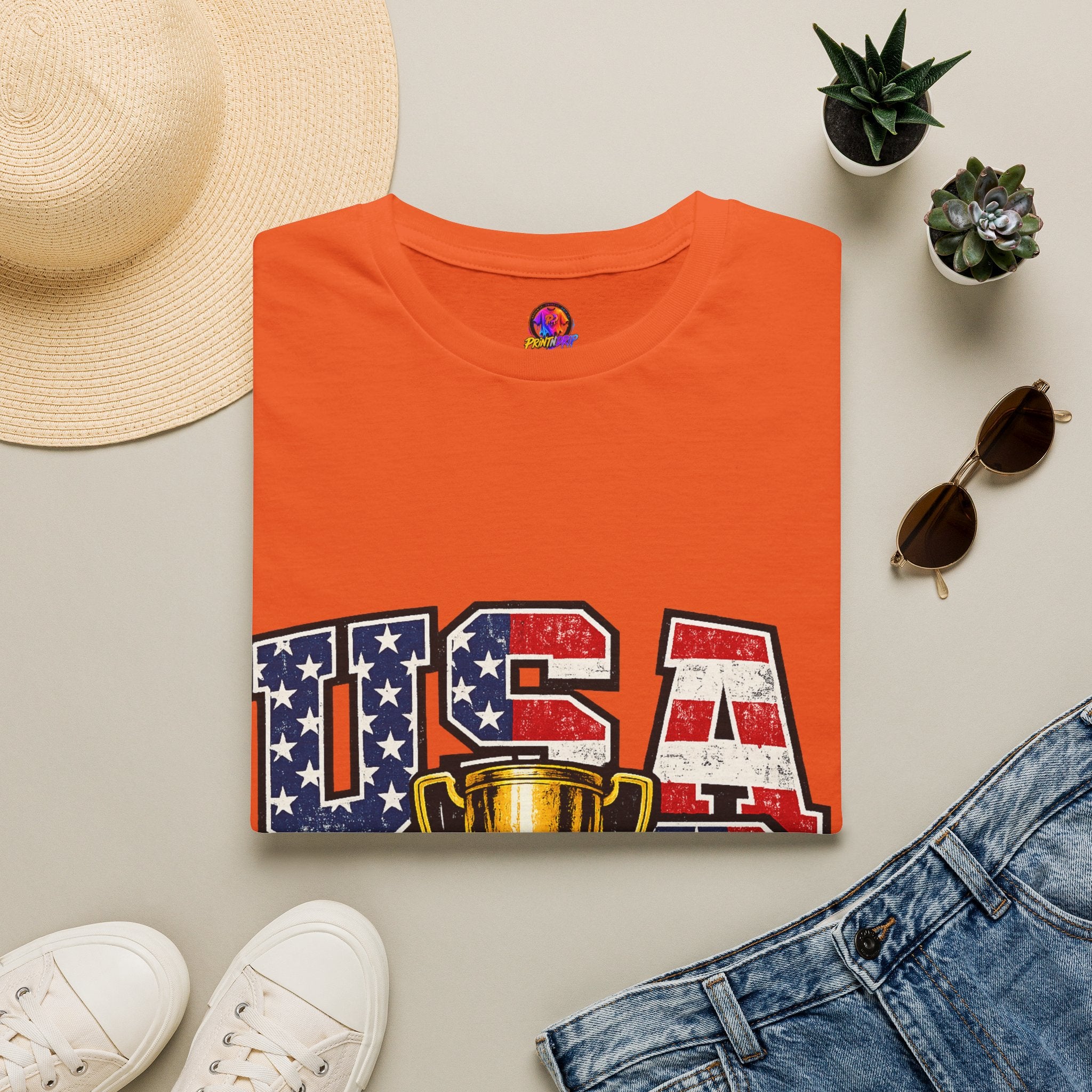 USA Trophy T-Shirt — Patriotic American Flag Graphic Tee