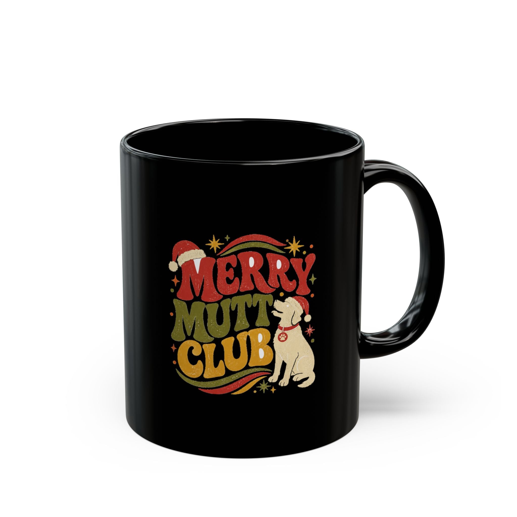 Modern Day Christmas Merry Mutt Club Black Coffee Mug – Funny Christmas Dog Lover Gift