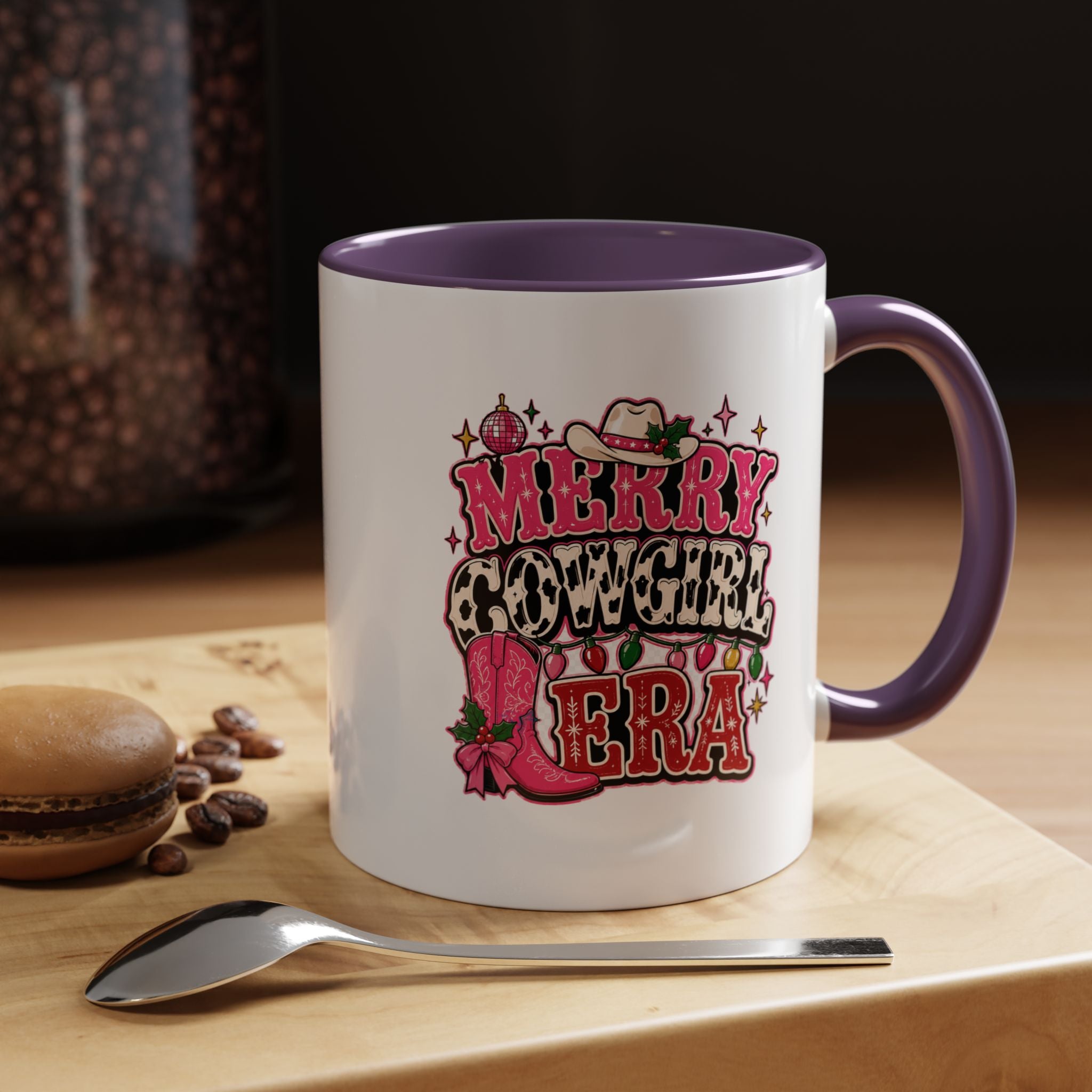Modern Day Christmas Merry Cowgirl Era Accent Coffee Mug — Festive Pink Western Cowboy Boots & Hat Mug