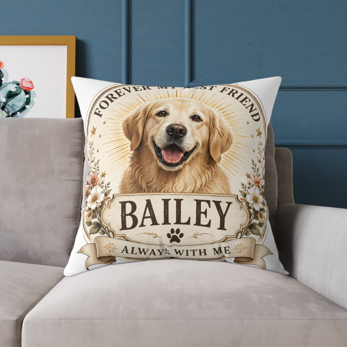 Personalized Dog Pillow Milo Bailey Dog Dad Mom - "Forever My Best Friend" Custom Pet Name Golden Retriever Throw Pillow