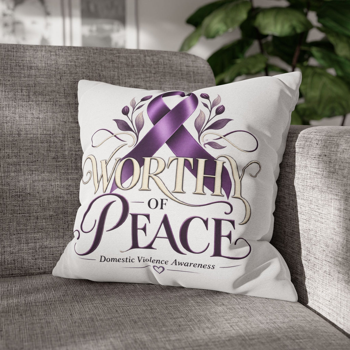 Worthy of Peace Purple Ribbon Pillowcase — Domestic Violence Awareness Throw Pillow