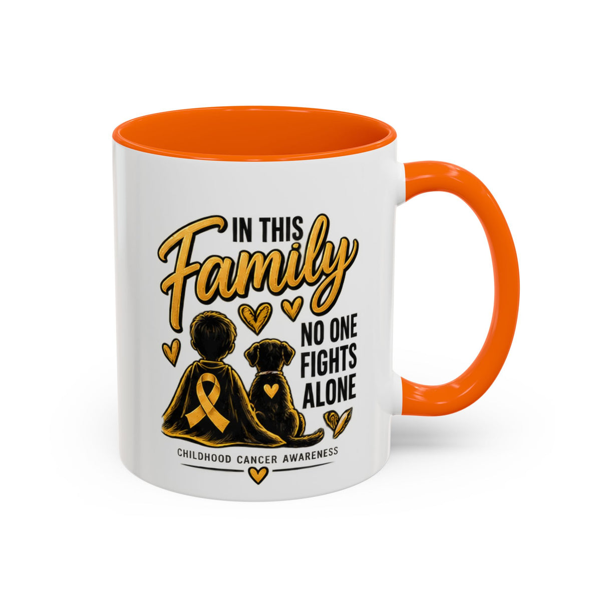 Childhood Cancer Awareness Coffee Mug — "In This Family No One Fights Alone"