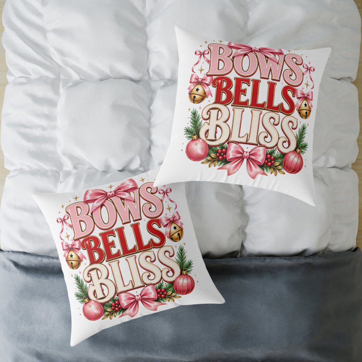 Christmas Bows Bells Bliss Square Poly Canvas Pillow