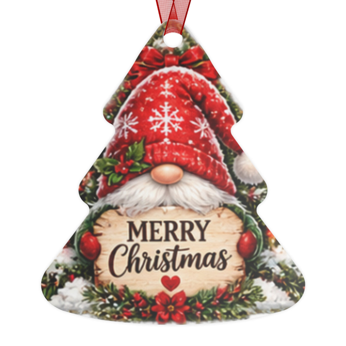 Merry Christmas Gnome Metal Ornament — Tree-Shaped Holiday Decoration