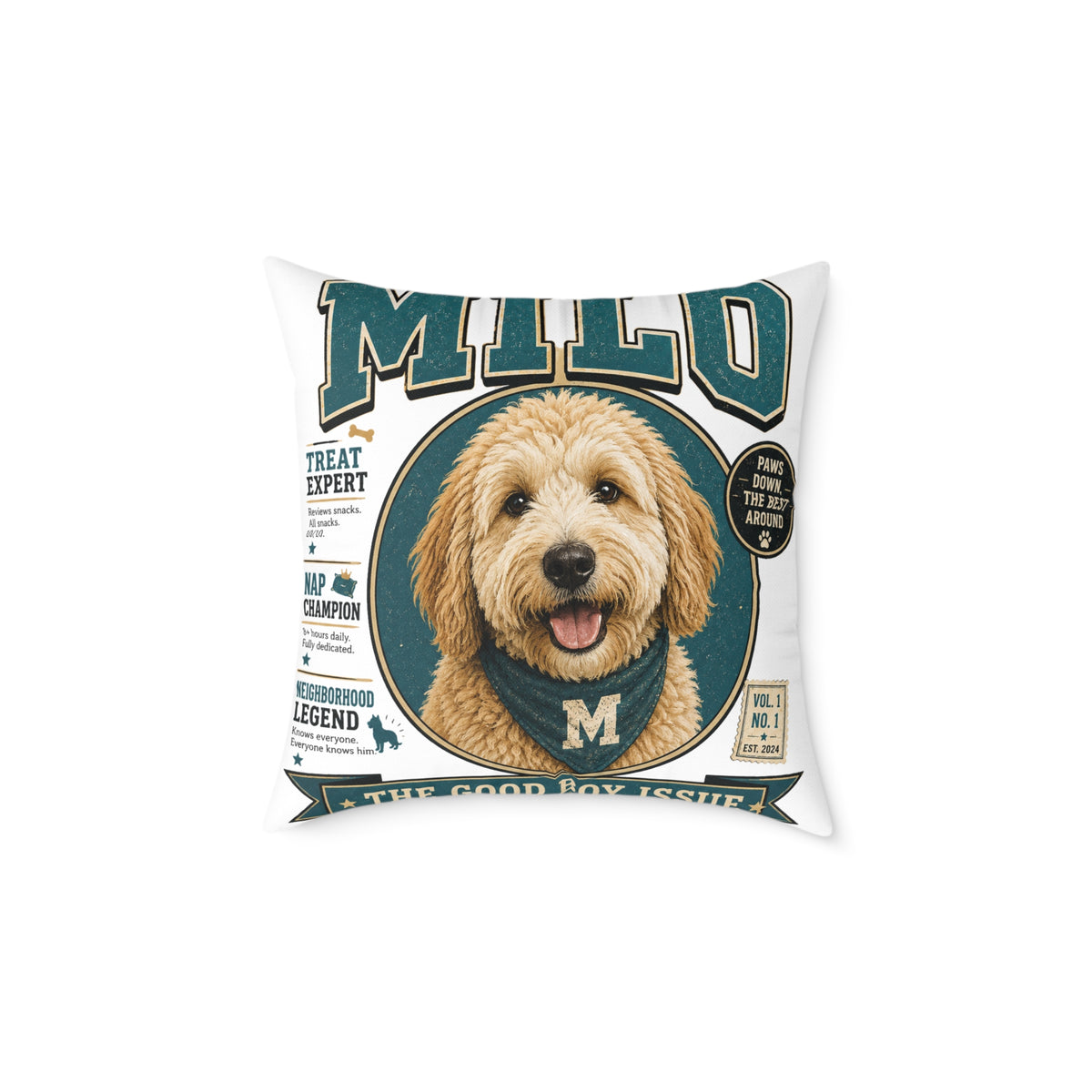 Personalized Dog Portrait Pillow — Milo Bailey Dog Dad Mom  'Milo' Vintage Pet Photo Square Throw Pillow
