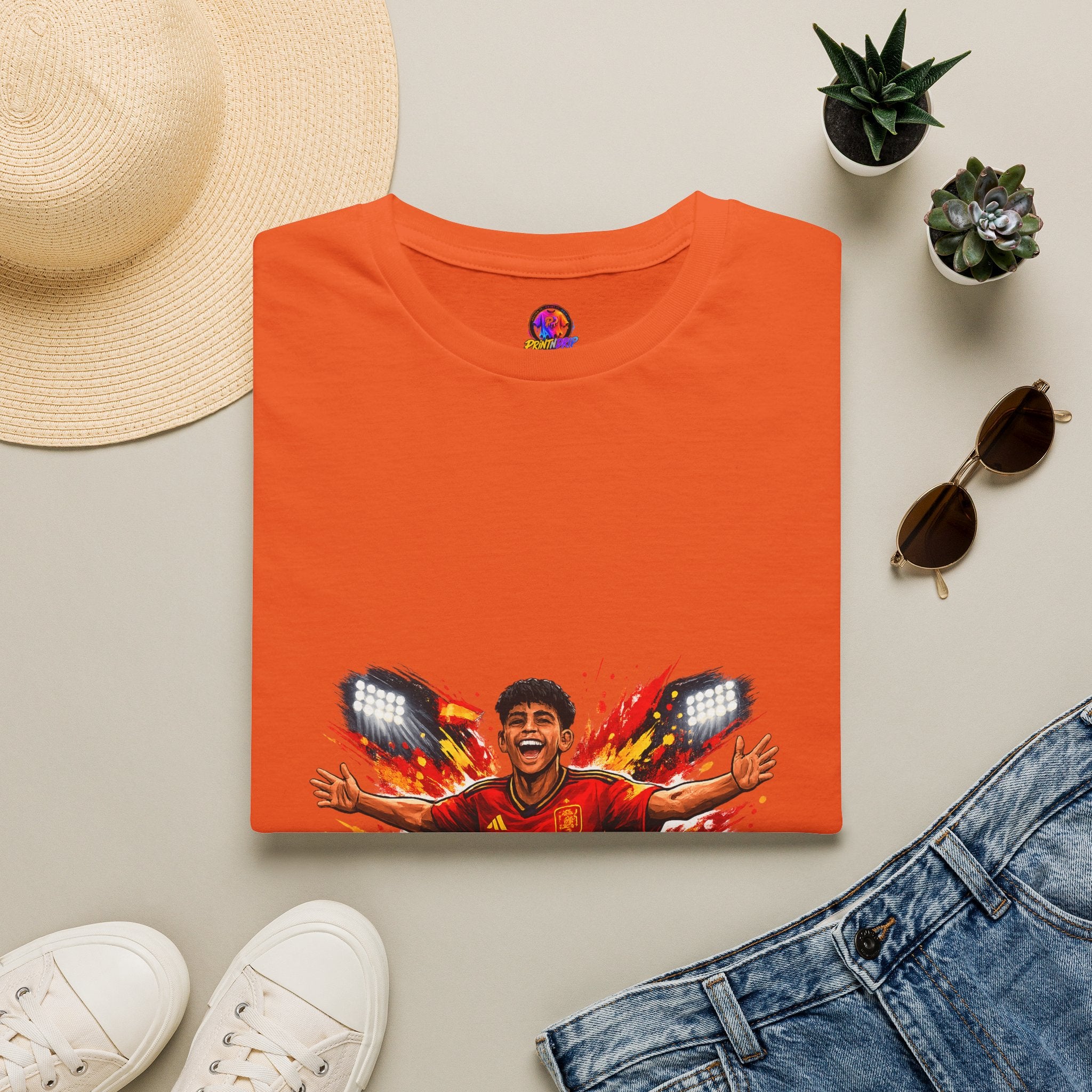 Spain Soccer Fan Portrait T‑Shirt – Fiery Goal Celebration Design
