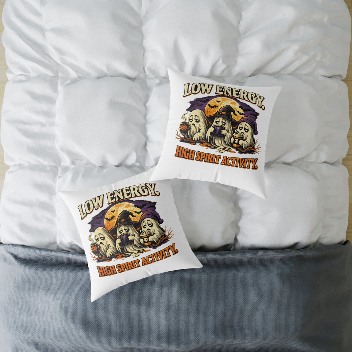 Halloween Pillow - "Low Energy, High Spirit Activity" Ghost & Witch Throw Pillow