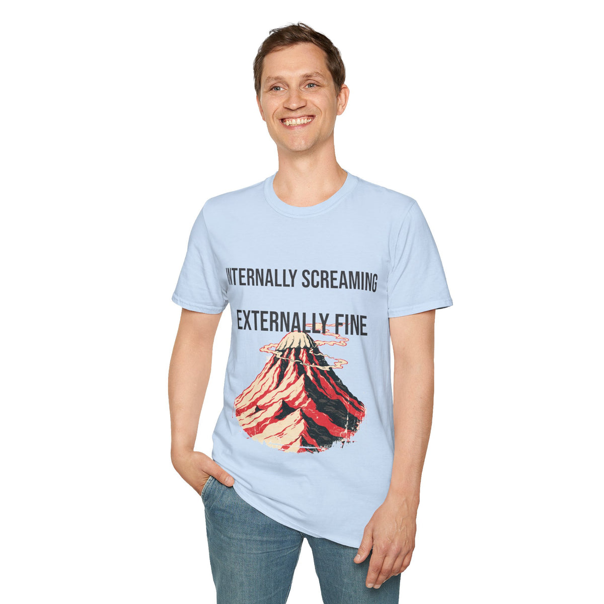 "Internally Screaming Externally Fine" Melting Volcano Tee - Funny Relatable Aesthetic White T-Shirt - Trending Now - September 2026