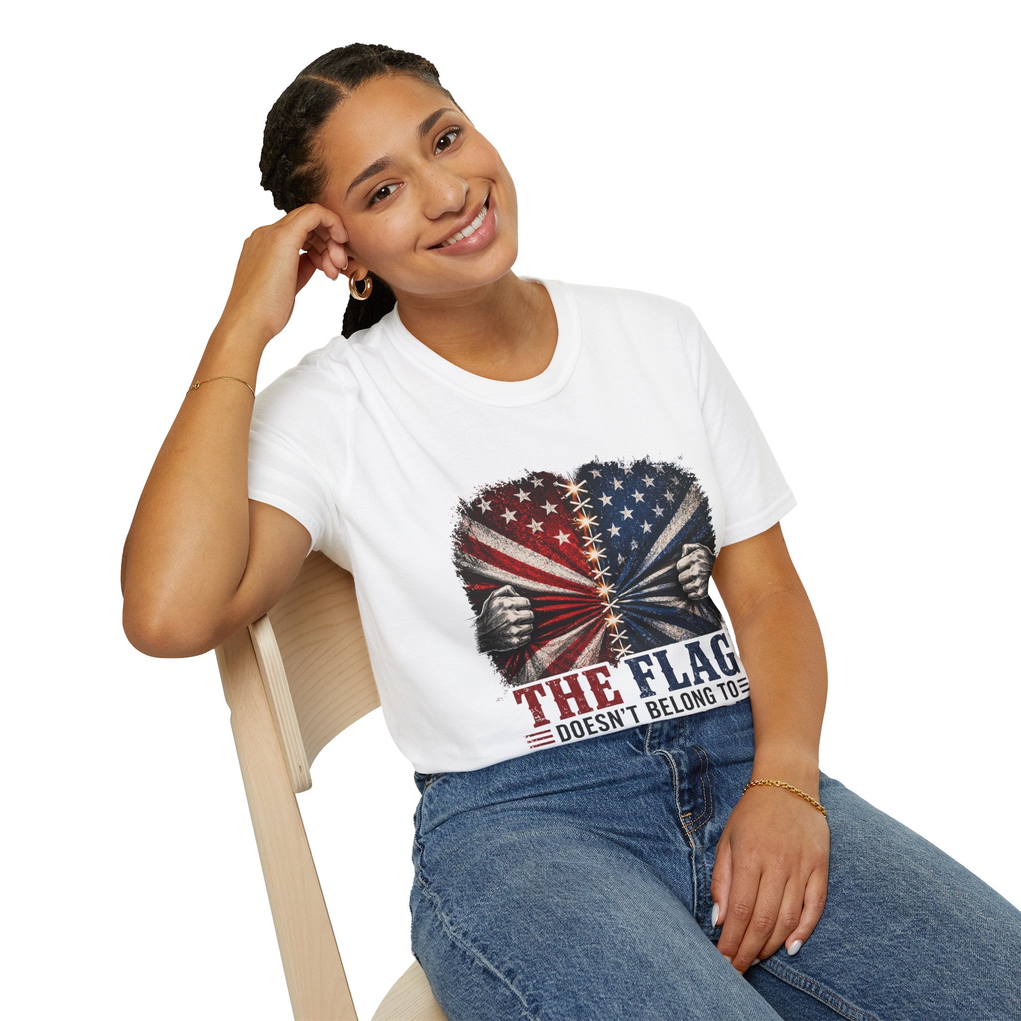 T-Shirt — "The Flag Doesn't Belong to One Side" Distressed American Flag Graphic