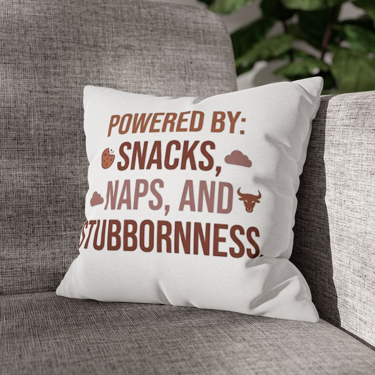 Taurus Throw Pillow — "Powered by: Snacks, Naps, and Stubbornness" Decorative Accent Pillow