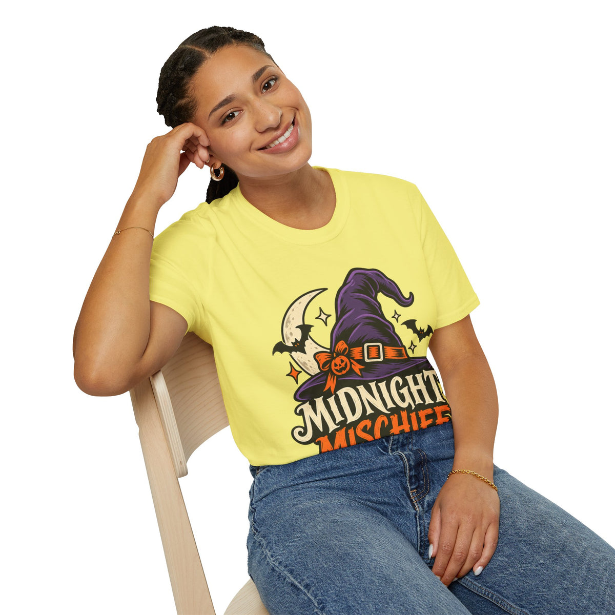 Midnight Mischief Halloween T-Shirt — Witch Hat & Bats Graphic