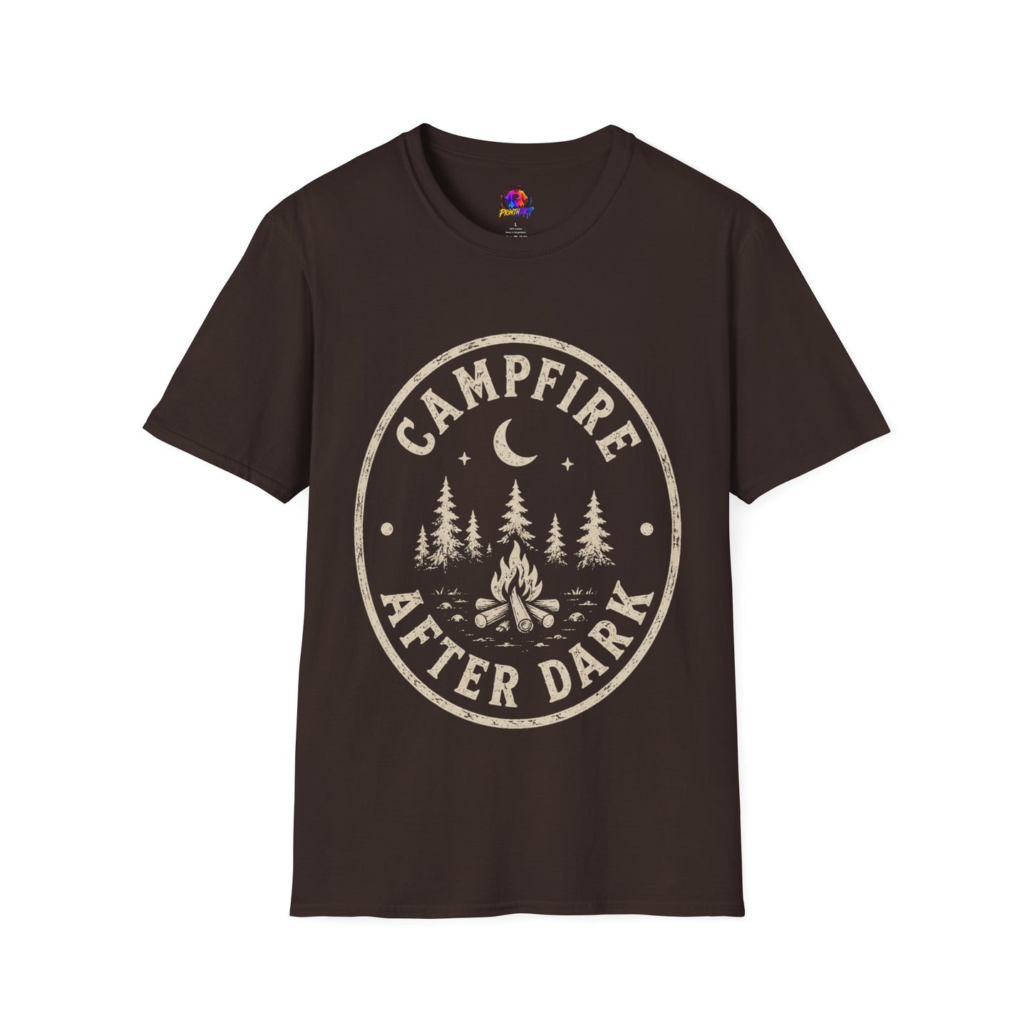 Campfire T-Shirt — 'Campfire After Dark' Vintage Moon & Trees Graphic