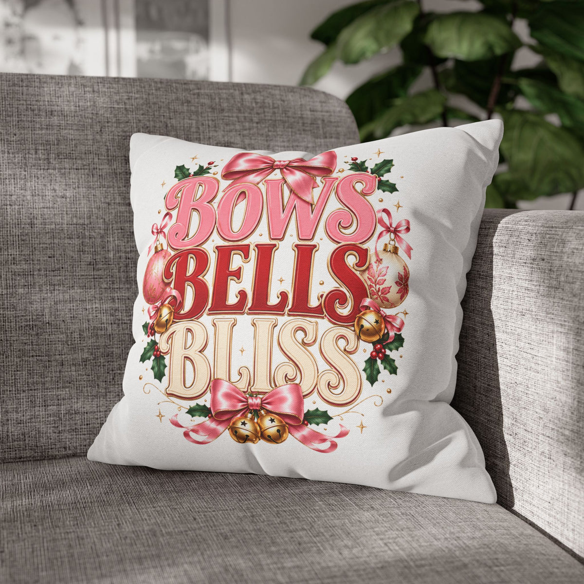 Christmas Decorative Pillowcase — "Bows Bells Bliss" Pink Holiday Throw Pillowcase