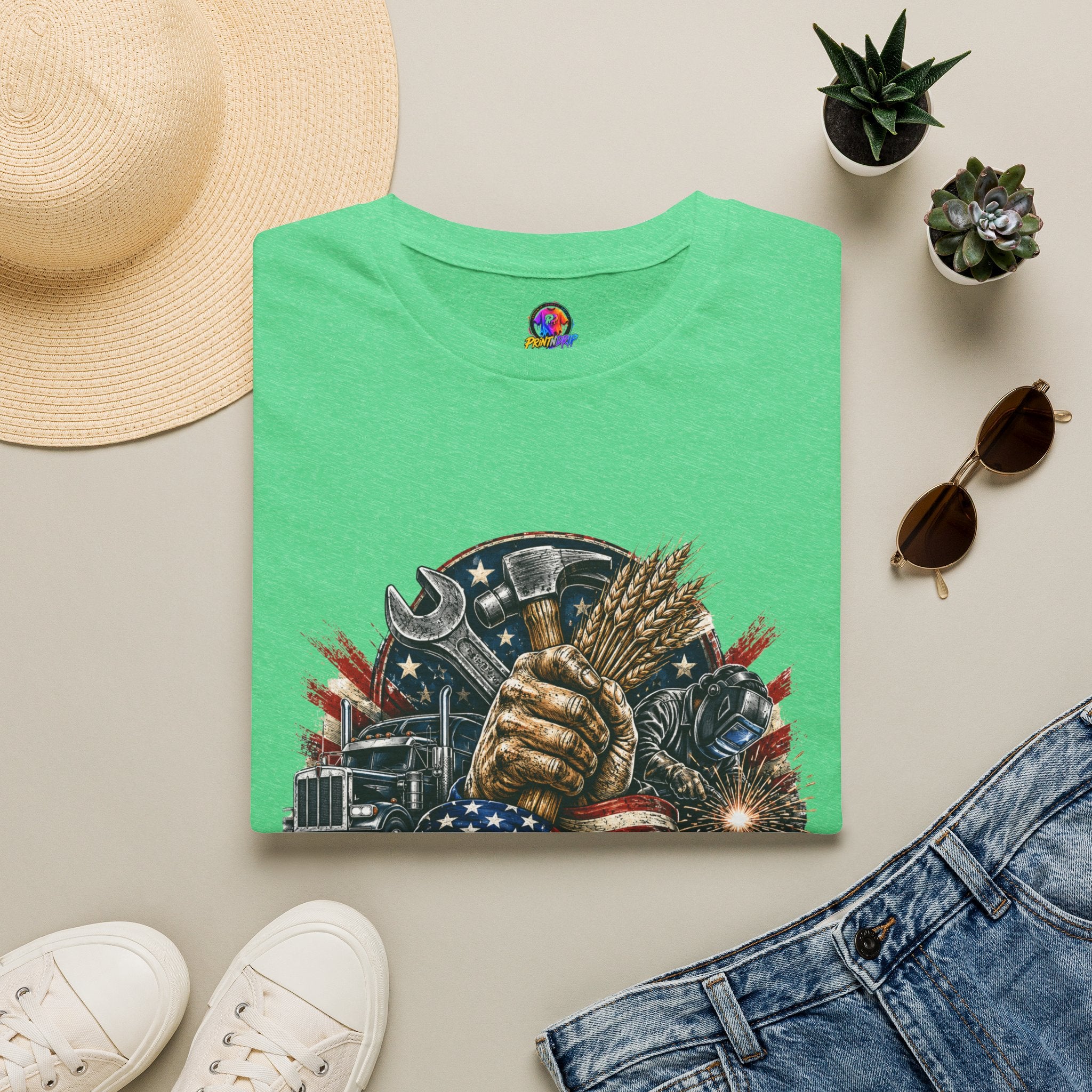 Freedom Runs on Working Hands T-Shirt — Patriotic Mechanic Tool & Wheat Design
