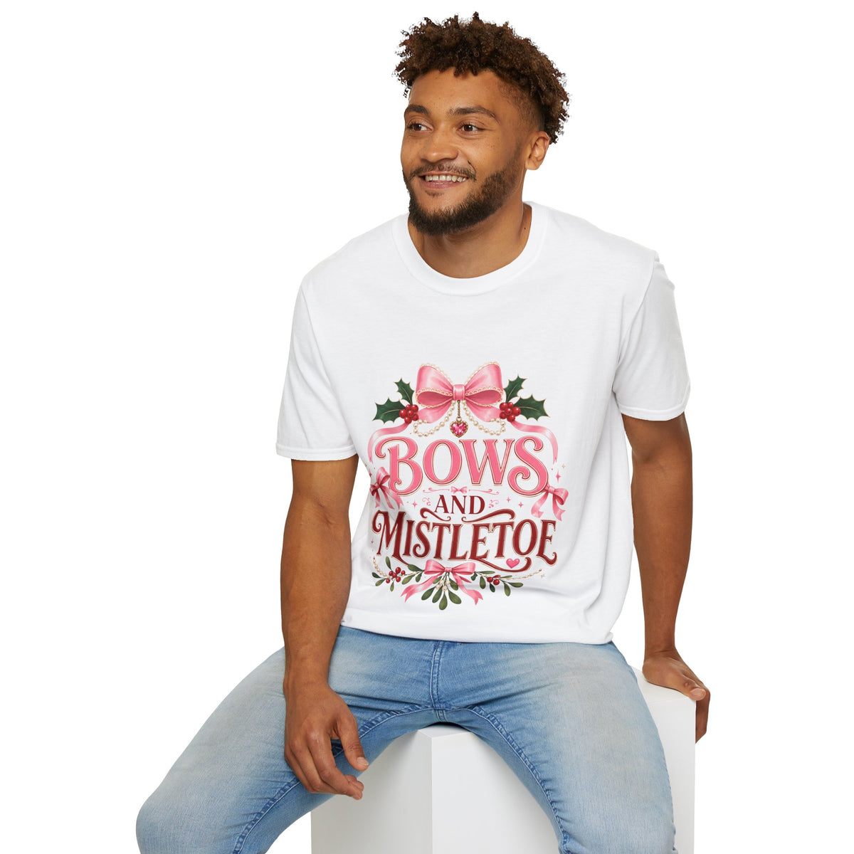 Bows and Mistletoe T-Shirt — Pink Holiday Bow Christmas Tee