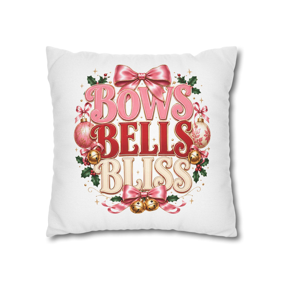 Christmas Decorative Pillowcase — "Bows Bells Bliss" Pink Holiday Throw Pillowcase