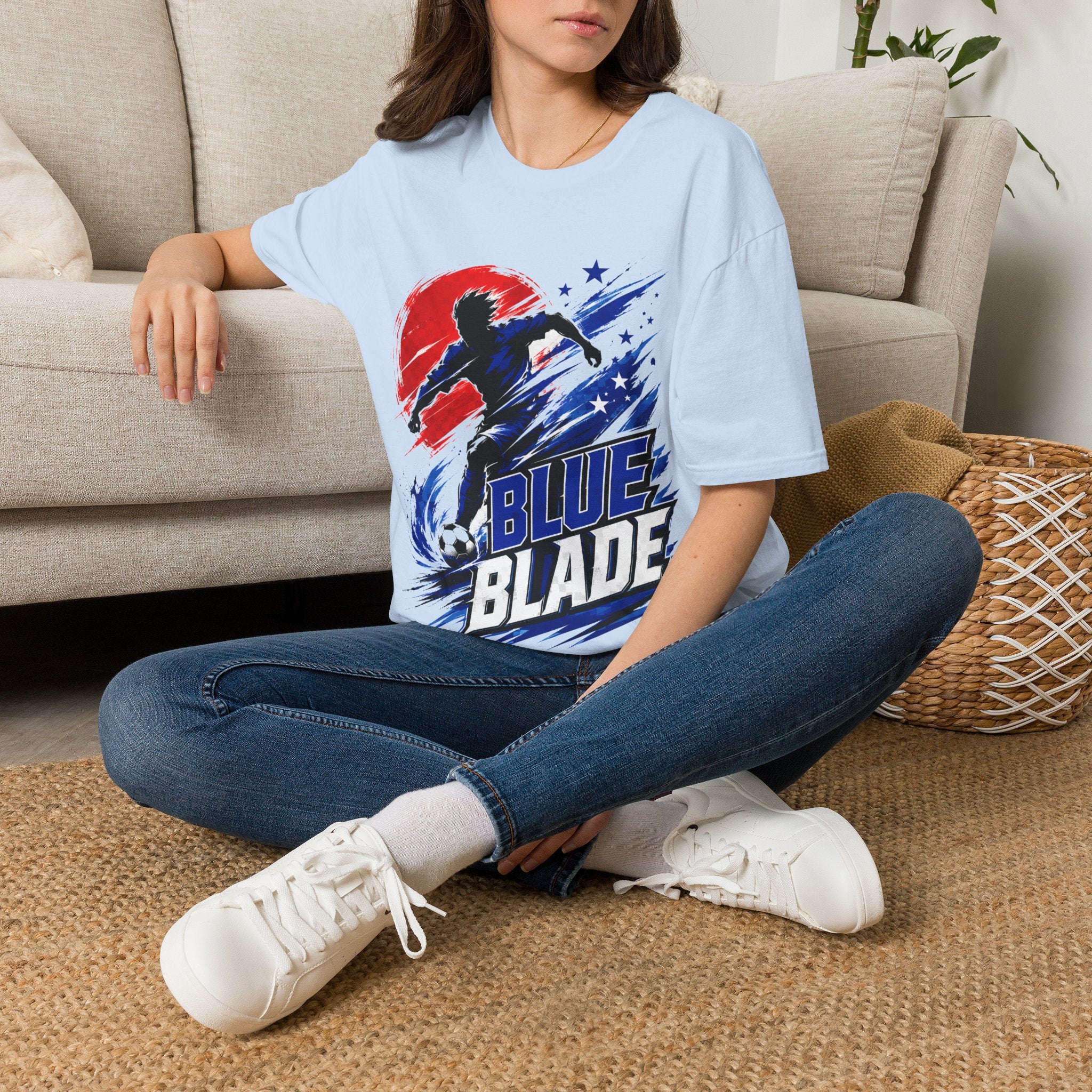 Japan T-Shirt — Blue Blade Soccer Graphic Tee (Red & Blue Starburst)