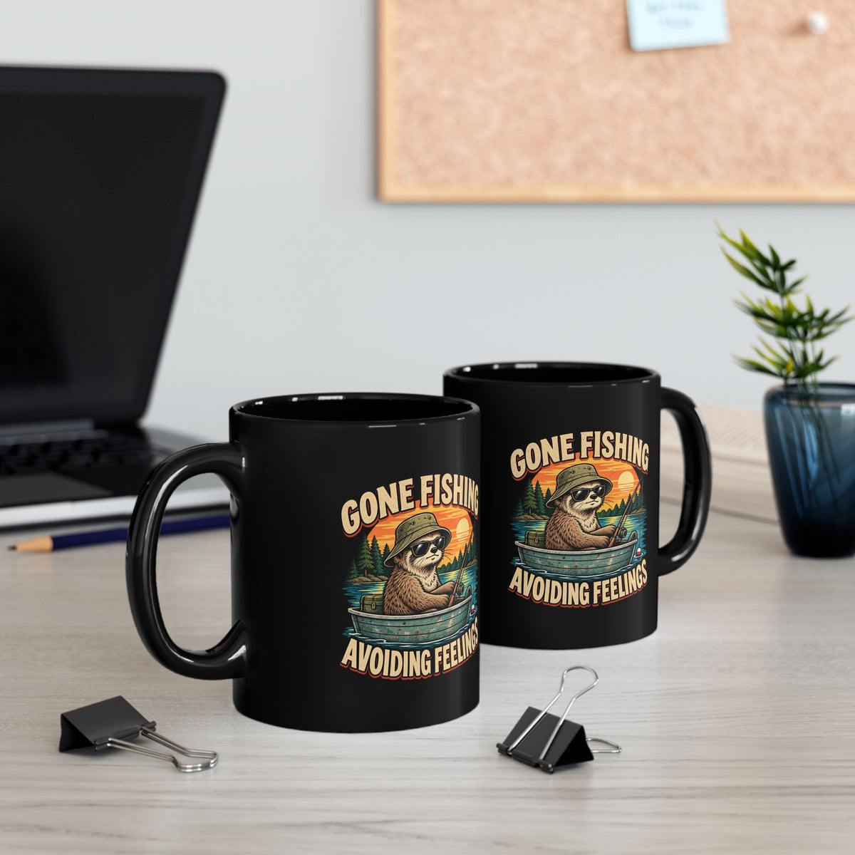 Gone Fishing Avoiding Feelings Mug — Funny Sloth Fishing Coffee Cup