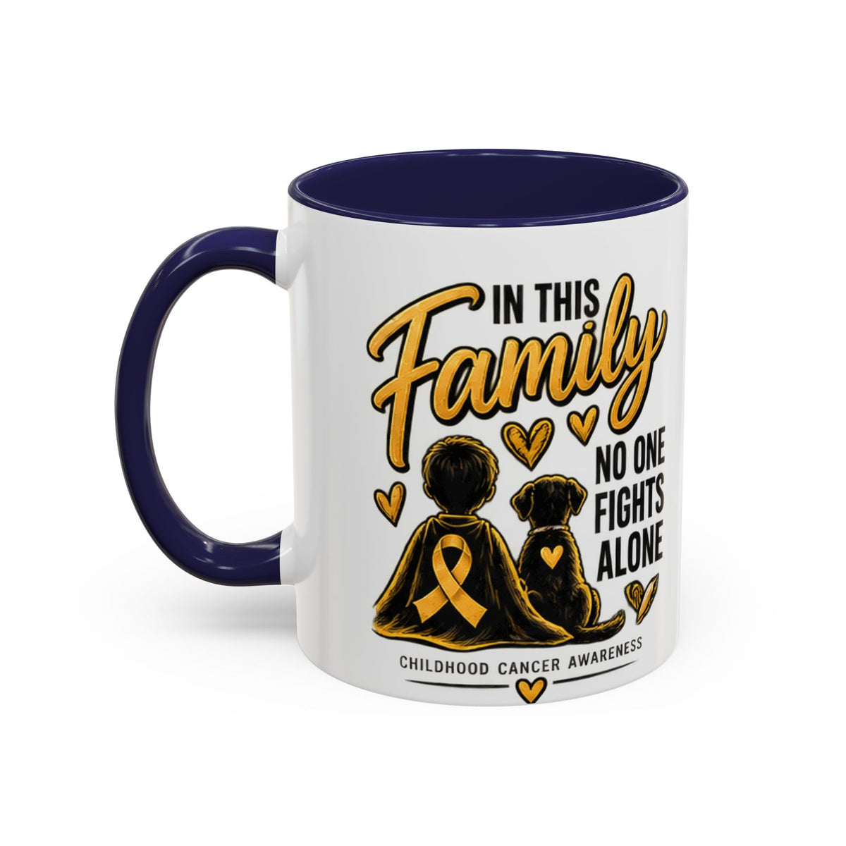 Childhood Cancer Awareness Accent Coffee Mug – "In This Family No One Fights Alone" (11/15oz)