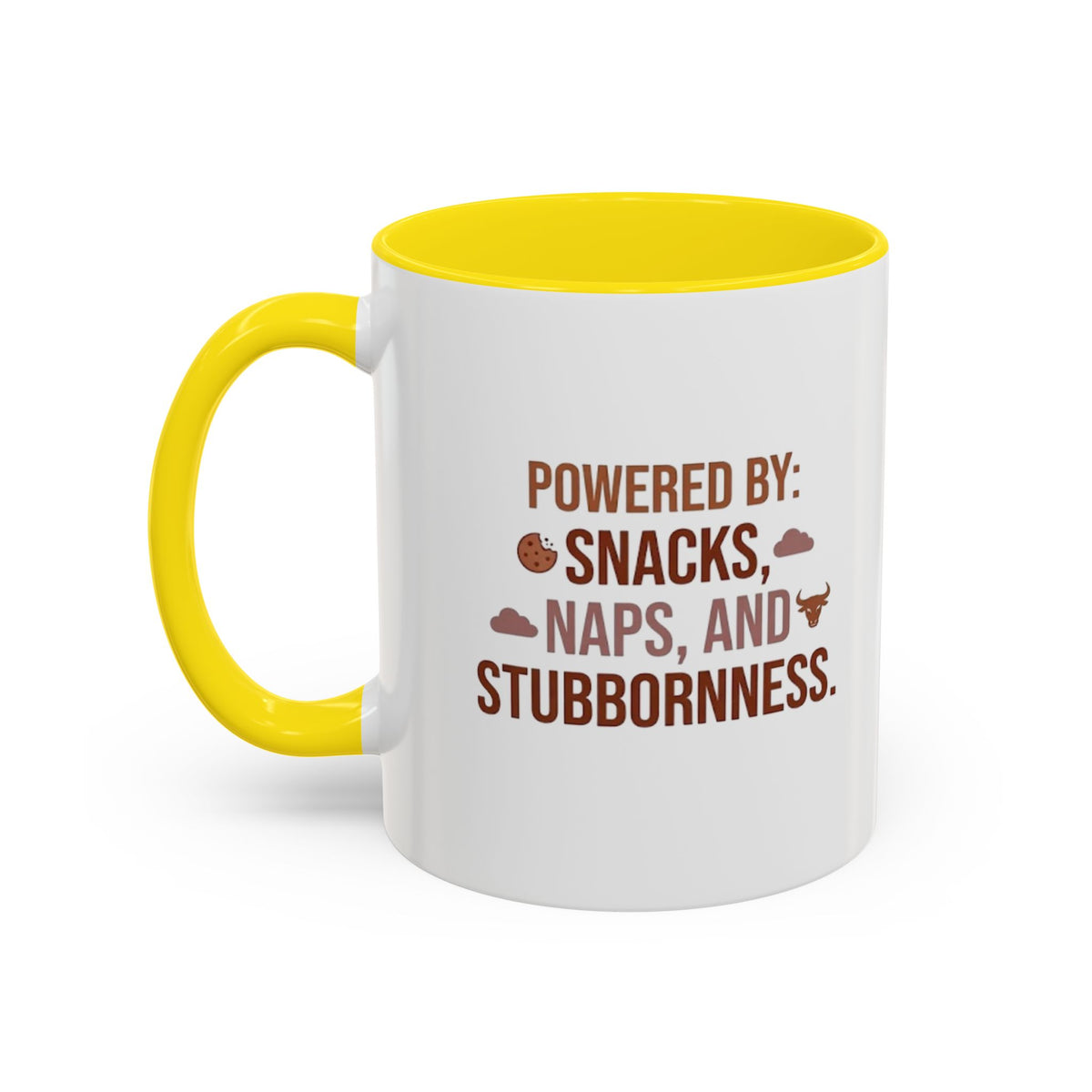 Taurus Coffee Mug - "Powered by Snacks, Naps, and Stubbornness" Accent Ceramic Mug