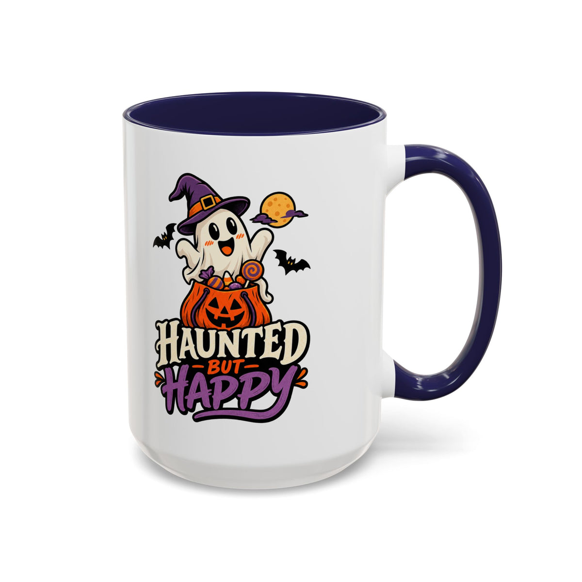 Haunted But Happy Coffee Mug — Halloween Ghost Pumpkin Accent Mug (11/15oz)