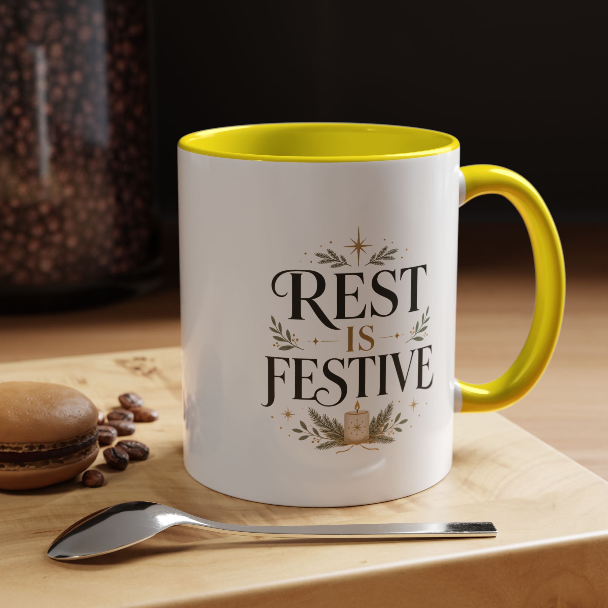 Modern Day Christmas Rest Is Festive Coffee Mug — Holiday Floral Accent