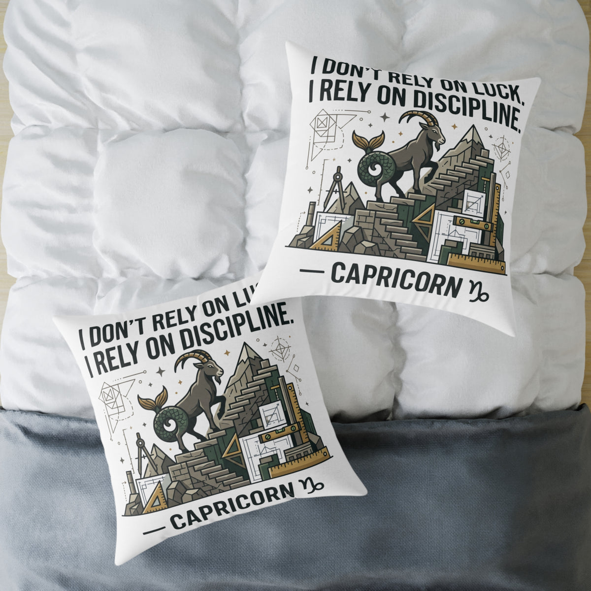 Capricorn Zodiac Pillow — "I Don't Rely on Luck, I Rely on Discipline" Square Decorative Cushion