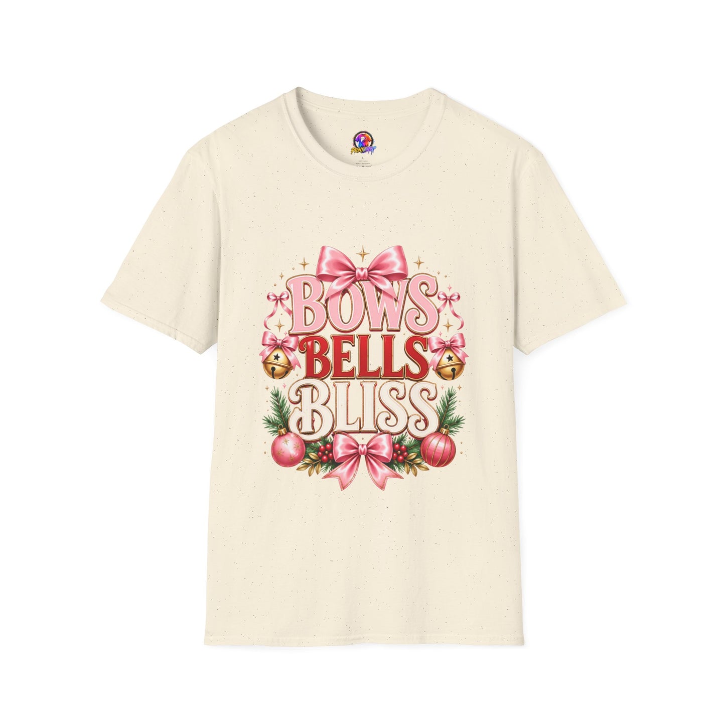 T-Shirt — "Bows Bells Bliss" Pink Holiday Graphic Tee