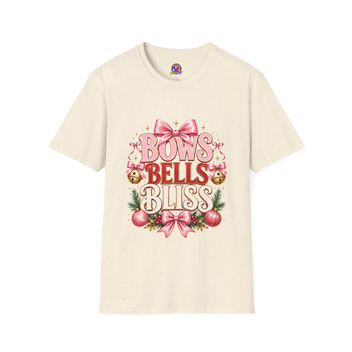 T-Shirt — "Bows Bells Bliss" Pink Holiday Graphic Tee